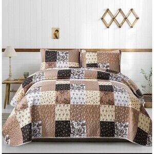 Brown Patchwork Quilt Set Size,3 Pieces Floral Plaid King Khaki